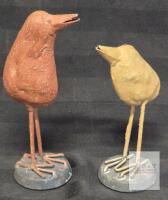 Modern fork artist, Pair of Decorative Rustic Bird Figurines, 8" and 7" Tall, Distressed Finish