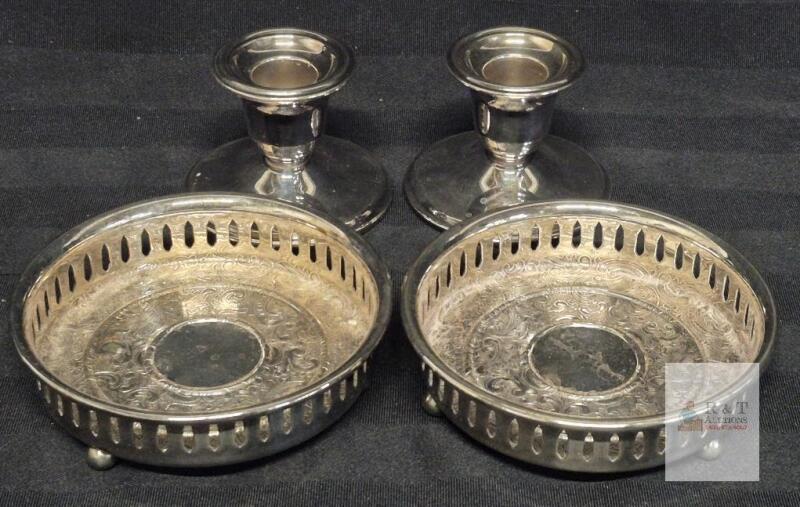 Morton Parker Primrose Silver-Plated Candlesticks 1517 & Coasters 123 Canada, Floral, Brass