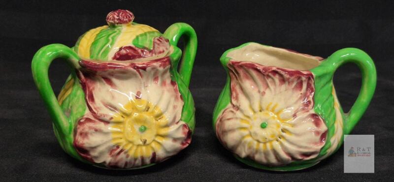 Japanese Vintage Floral Relief Pottery Sugar Bowl w/ Lid & Creamer Set, Hand-Painted, 1930s-1950s