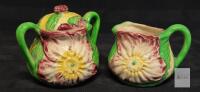 Japanese Vintage Floral Relief Pottery Sugar Bowl w/ Lid & Creamer Set, Hand-Painted, 1930s-1950s