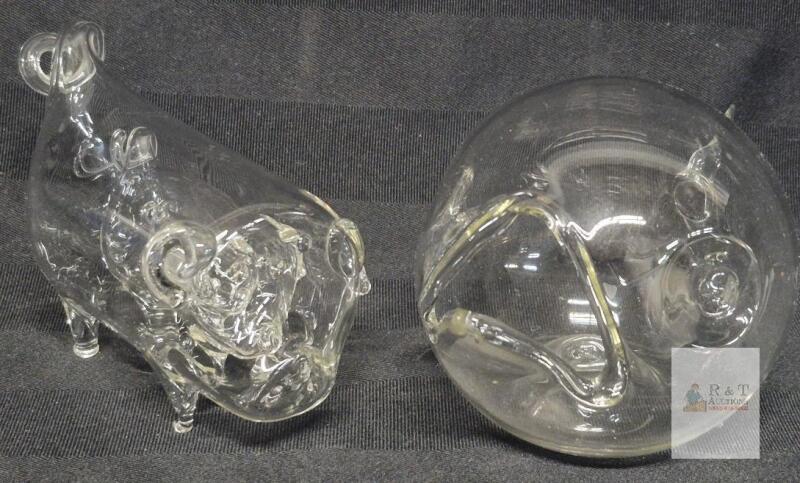 Blown Glass Animal Creamers Pair, Pig & Fish, Clear Decorative Collectibles, 4" Tall