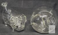 Blown Glass Animal Creamers Pair, Pig & Fish, Clear Decorative Collectibles, 4" Tall