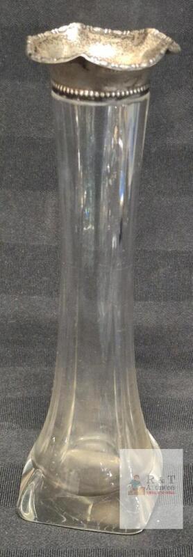 Sterling Silver Rim 9.5" Glass Bud Vase, Scalloped Edge, Beaded Border, Marked Sterling
