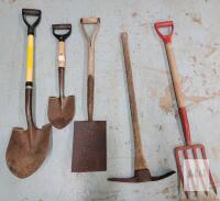 Five (5) Yard / Garden Shovels & Hoe .