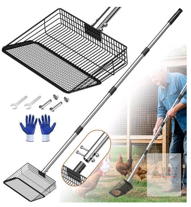 New - Large Metal Chicken Poop Scooper 10" Wide, Stainless Steel Long Handle (27.9 to 54.7") Heavy Duty Litter Sifting Shovel, Poultry Litter Scooper for Chicken Coops, Sheep Pens and Cat Litter Box