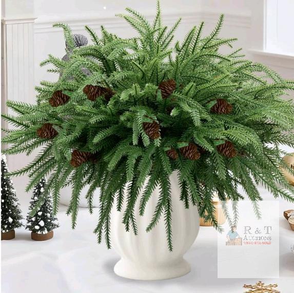 New - 12pcs. Artificial Norfolk Pine Branches with Pine Cones, 18" Real Touch Faux Greenery Cedar Pine Stem, Fake Green Plants Twigs Picks for Vase DIY Crafts Xmas Garland Wreath Home Decor