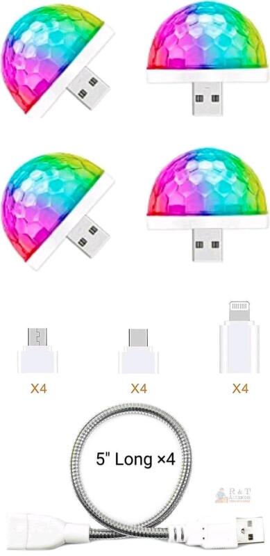 New 4-Pack Mini Disco Ball Sets, Colors & Lights Change With Audio, Includes 4&times; USB-A to Micro USB, USB-C & Lightning Adaptors & 4&times; 5" Long Flexible Metal USB Male to Female Extension Cables