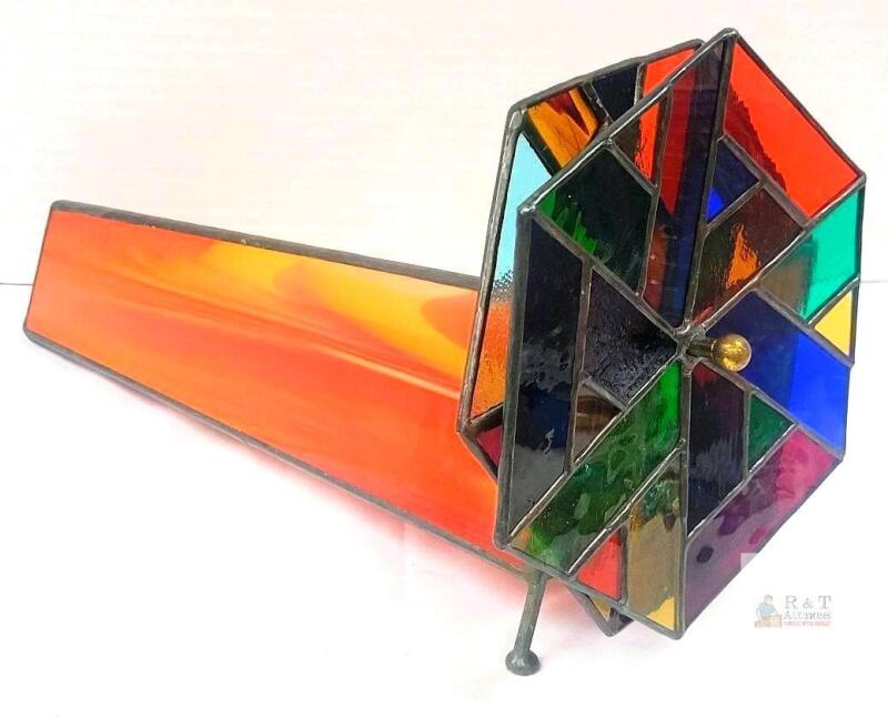 Vintage Handmade Stained Glass Kaleidoscope 2 Wheels w/Orange Creamsicle Stem .