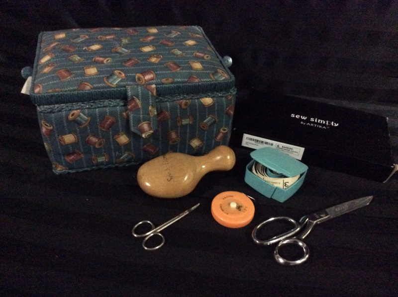 Vintage Style Sewing Box & Notions & Wooden Darning Egg