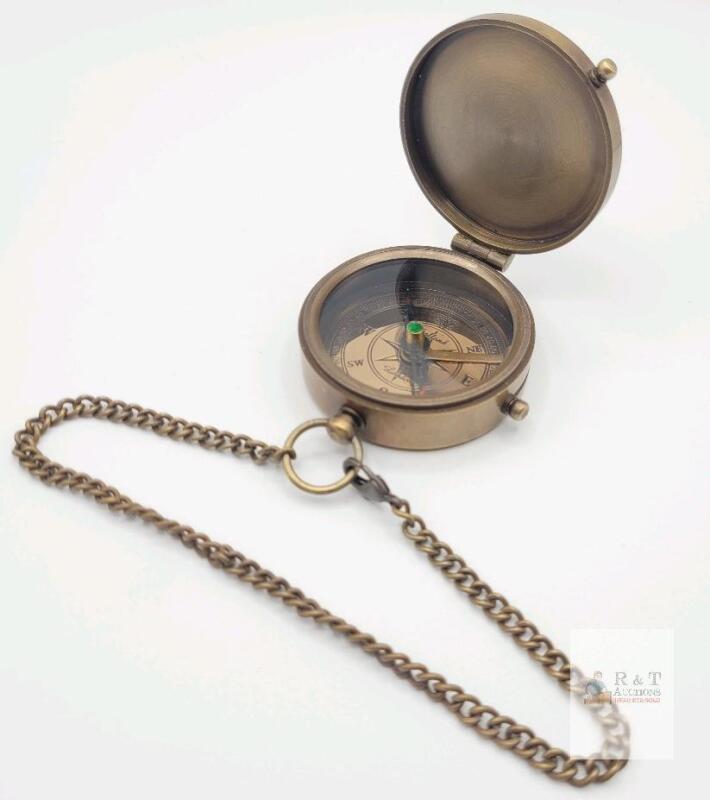 New Antique-Finish Brass Pocket Compass with Cover and Chain . See photos for size