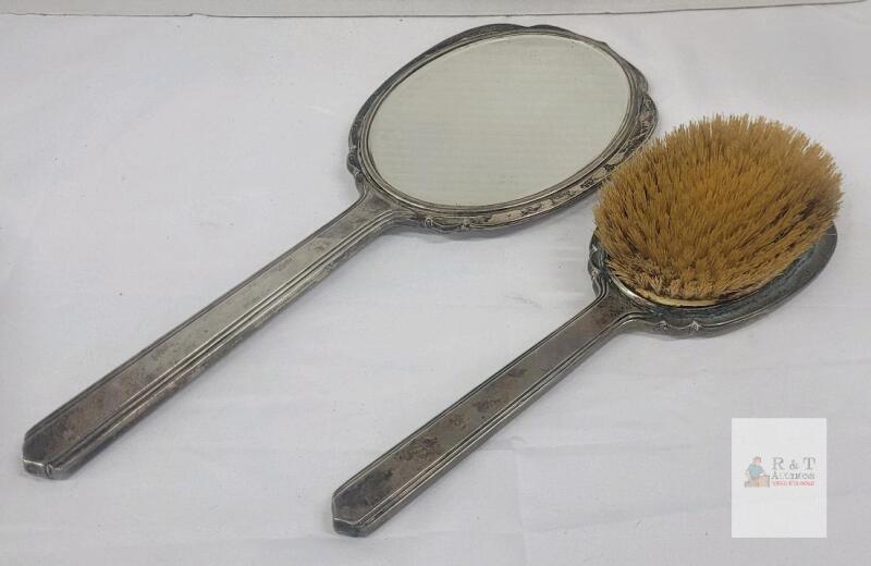 Vintage International Sterling Silver Vanity Mirror & Brush .