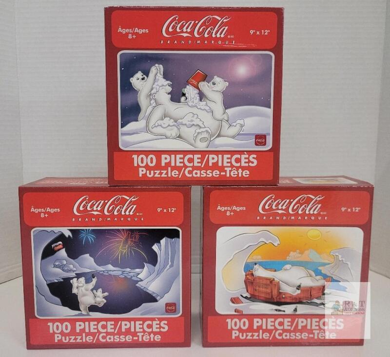 3 SEALED Coca-Cola 100-Piece Polar Bear Jigsaw Puzzle Set (3), 9"x12", Coke Brand, Bilingual Packaging