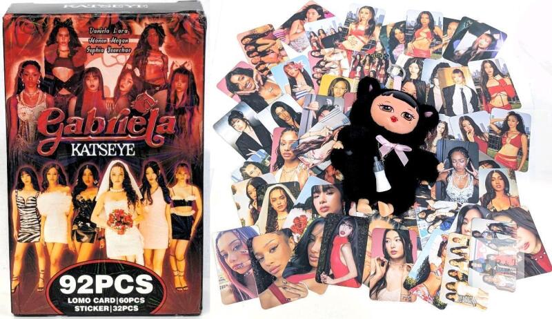 Gabriela Katseye K-pop Photo Card & Sticker Set 92pcs with Plush Doll, 60 LOMO Cards, 32 Stickers