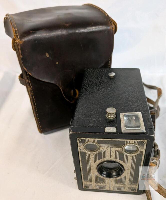 Kodak Brownie Junior Six-20 Box Camera, 620 Film, Art Deco Design, with Leather Case