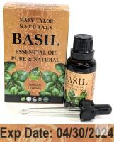 EXP 2024 Mary Tylor Naturals Basil Essential Oil 1 fl oz, Steam Distilled, Non-GMO, Exp 04/2024, Lot NO-1035