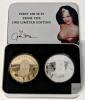 [Rare] Limited Edition JULIE STRAIN (1962&ndash;2021) FANS CLUB Wonder Woman Collectable Medallion Pair in Collectable Metal Tin, February 18, 1962 Concord California, From First 100 Sets, Coins in Hard Protective Cases, 2.3" Diameter Each