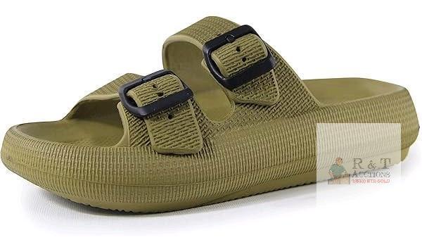 New Size 12W-12.5W / 11-11.5M Unisex WEWEYA 2 Buckle Pillow Slides, Flat Athletic Sport Outdoor Sandal, Green