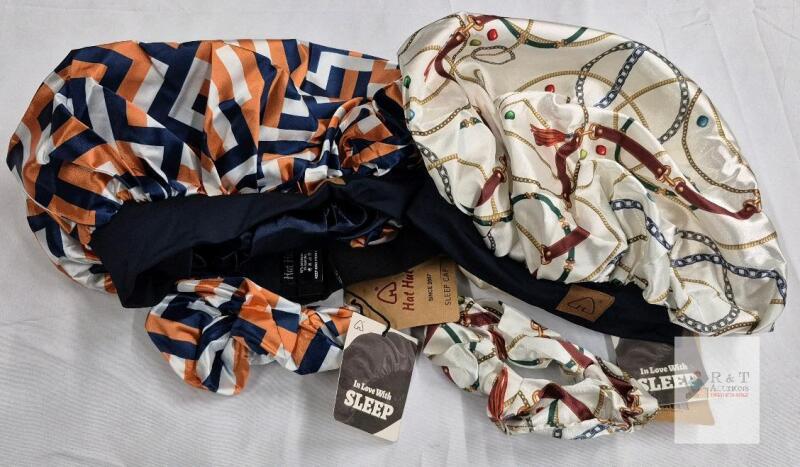 2 New sz O/S Hat Hut Satin Sleeping Bonnets & Hair Tie Sets