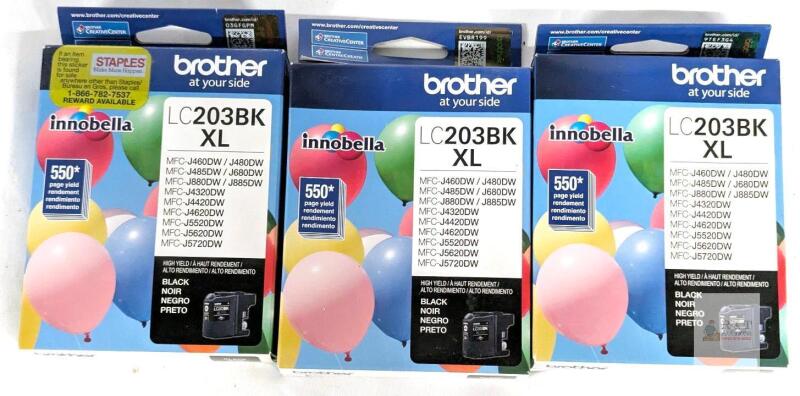 3 New Sealed BROTHER Black LC203BK XL Printer Cartridges