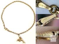 14K Gold Italian Dolphin Charm Chain Bracelet, 7.5" Length, Lobster Clasp, Stamped 585, Italy