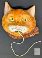 Ceramic Cat Face Wall String Holder with Scissors Slot, 6" Wide, Glazed, Vintage Style