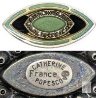 Catherine Popesco France Marquise Art Deco Green Black Enamel Crystal Brooch Pin 2.75"