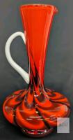 12" Empoli Glass Ewer Red Black Swirl with White Handle