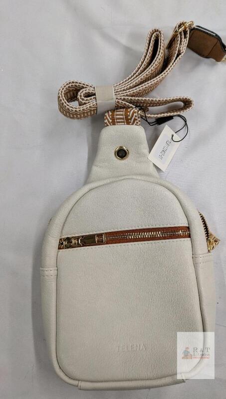 PELENA White Faux Leather Crossbody Sling Bag, Model IT-2224-1, Gold Zipper, Adjustable Strap