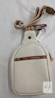 PELENA White Faux Leather Crossbody Sling Bag, Model IT-2224-1, Gold Zipper, Adjustable Strap