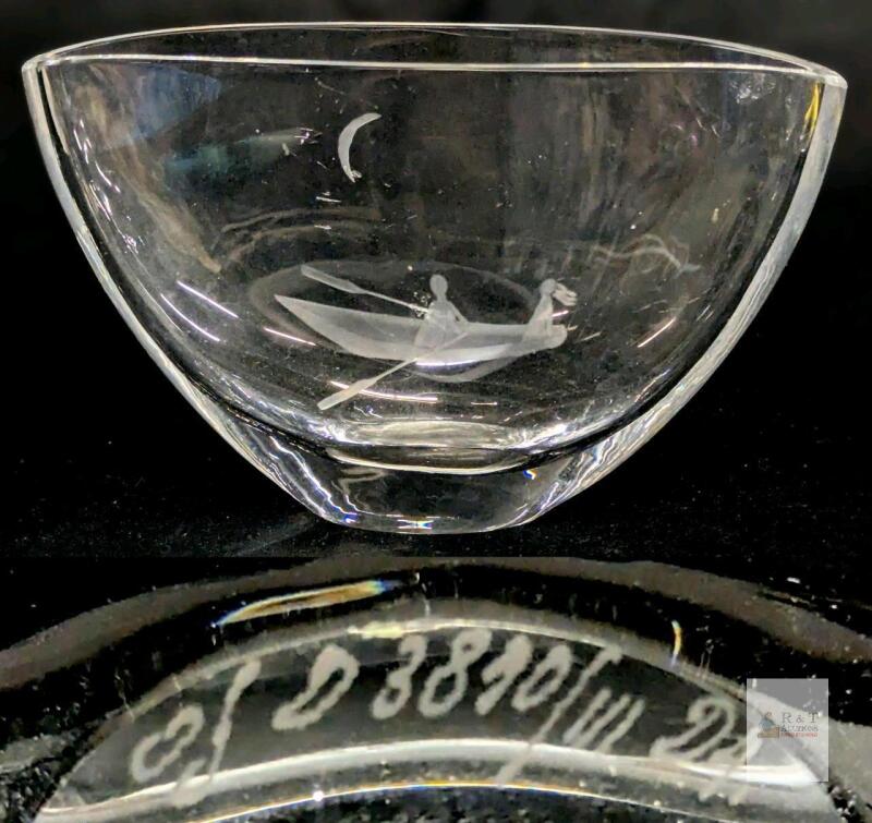 Scandanavian Hand-Engraved Art Glass Bowl, 6.5", Etched Rowing Boat Motif, Marked GJ D 38101 // 24, Chip
