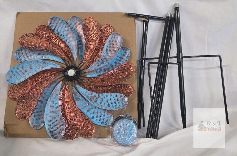 Blue Copper Metal Garden Wind Spinner VT-07, 24" Flower Wheel, 75" Height, New in Box