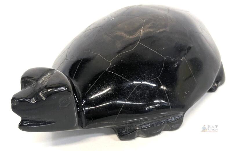Hand-Carved Black Stone Turtle Figurine, 6" Long, Polished Decorative Sculpture