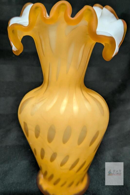 Fenton Glass Ruffled Edge Vase 6" Tall, Opalescent White Interior,