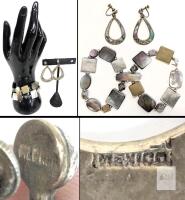 Vintage Mexican Sterling Silver Abalone Jewelry Set&ndash;Screwback Earrings & Bracelet, 1950s-70s