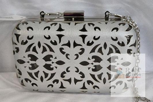 NEW Elegant Silver Laser-Cut Clutch Bag with Removable Chain Strap, 7.5"x4.5"x2", Top Clasp Closure