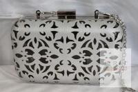 NEW Elegant Silver Laser-Cut Clutch Bag with Removable Chain Strap, 7.5"x4.5"x2", Top Clasp Closure