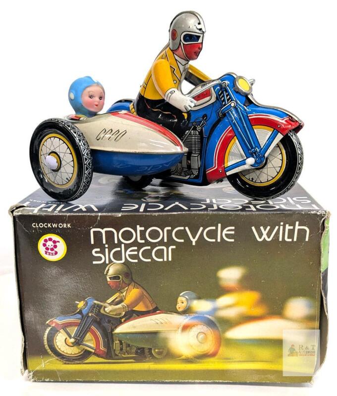 Flower Brand MS 709 Clockwork Tin Motorcycle Sidecar Wind-Up Toy, Boxed, China, 1970s