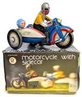 Flower Brand MS 709 Clockwork Tin Motorcycle Sidecar Wind-Up Toy, Boxed, China, 1970s