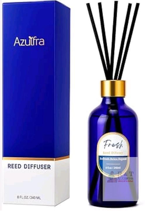 NEW Azulfra Fresh Reed Diffuser, 8 fl oz (240 ml), Blue Glass, 7 Reeds, Batch X004UOEK81
