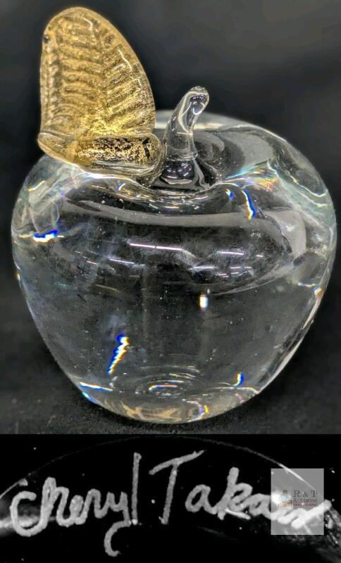 Cheryl Takacs Signed Art Glass Apple Sculpture with Gold-Toned Butterfly, 3.5" Handcrafted