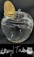 Cheryl Takacs Signed Art Glass Apple Sculpture with Gold-Toned Butterfly, 3.5" Handcrafted