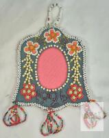 Handmade Beaded Native American-Style Picture Frame 1926, Pink Fabric, Floral Motif, 9.25"x6.3"