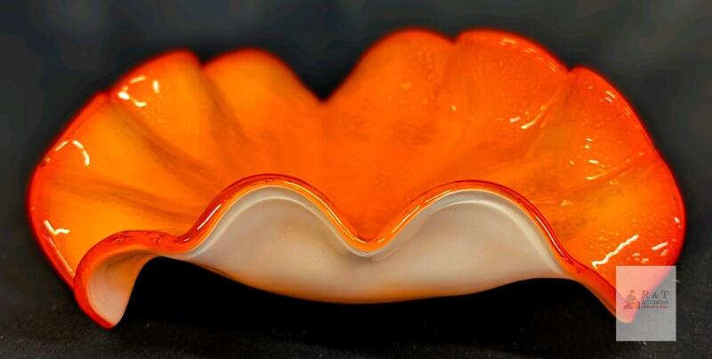 8.5" Orange Murano-Style Hand-Blown Art Glass Ruffled Bowl with Gold Aventurine Flecks *SEE DESC