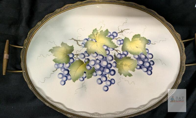 ANTIQUE 18" Oval Porcelain Serving Tray with Brass Handles, Grapevine Motif, Marked 5015