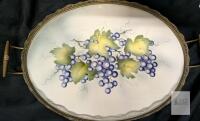 ANTIQUE 18" Oval Porcelain Serving Tray with Brass Handles, Grapevine Motif, Marked 5015