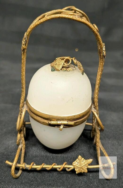 Antique French Opaline Glass Egg Casket with Gilt Ormolu Stand, Leaf Motif, 4.3" Tall