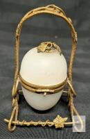 Antique French Opaline Glass Egg Casket with Gilt Ormolu Stand, Leaf Motif, 4.3" Tall