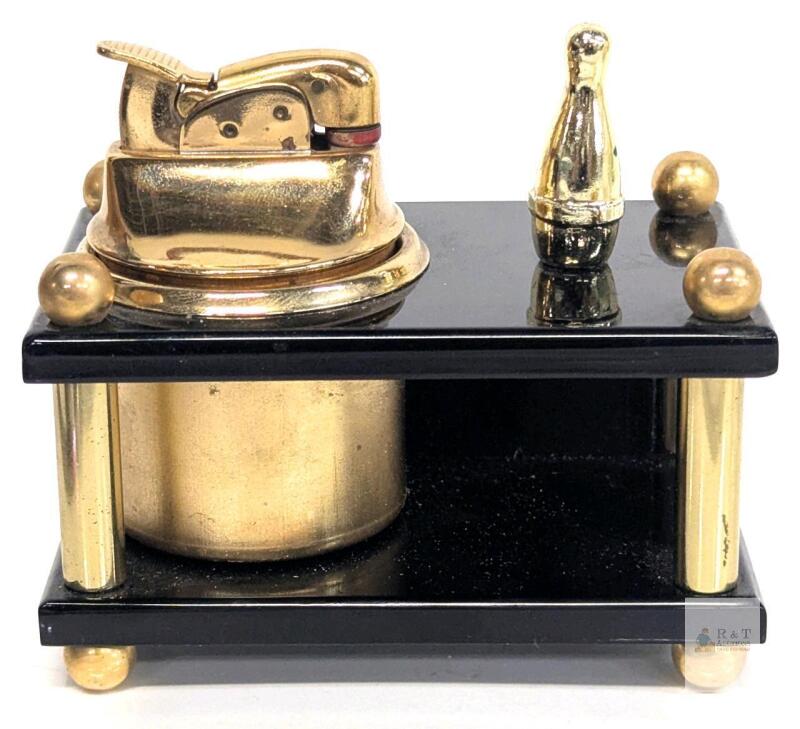 Evans Bowling Pin Table Lighter, Brass & Black Lucite Stand, 1950s, USA, Mid-Century Modern