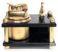 Evans Bowling Pin Table Lighter, Brass & Black Lucite Stand, 1950s, USA, Mid-Century Modern