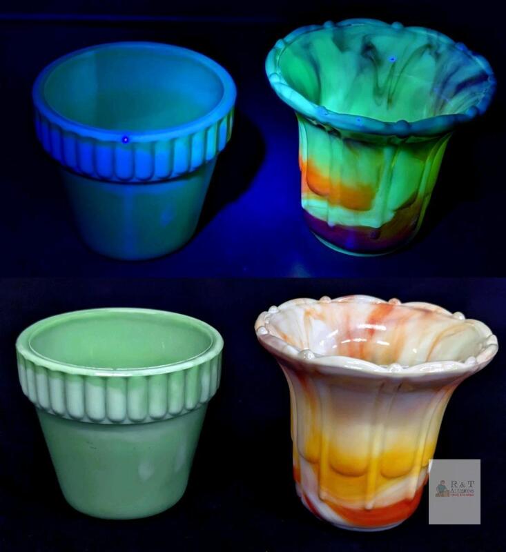 Vintage Akro Agate Uranium Glass Flower Pots, Jadeite & Marbled Slag, Ribbed & Beaded Rims, USA SEE DESC